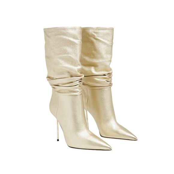 PARIS TEXAS Lidia Slouchy Gold Leather Heels Boots Size 38 NEW - Picture 1 of 8